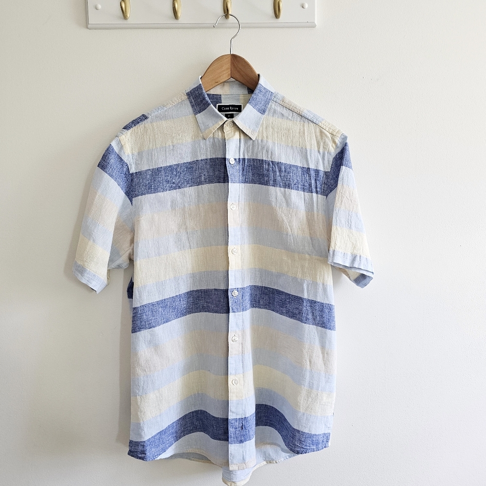 Club Room Multicolor Linen Cotton Short Sleeve Blue Yellow Shirt Men's Size  M